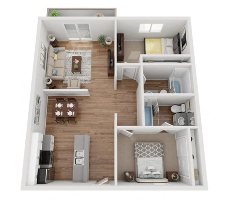 Floor plan for 2 beds, 2 baths, 970 sqft